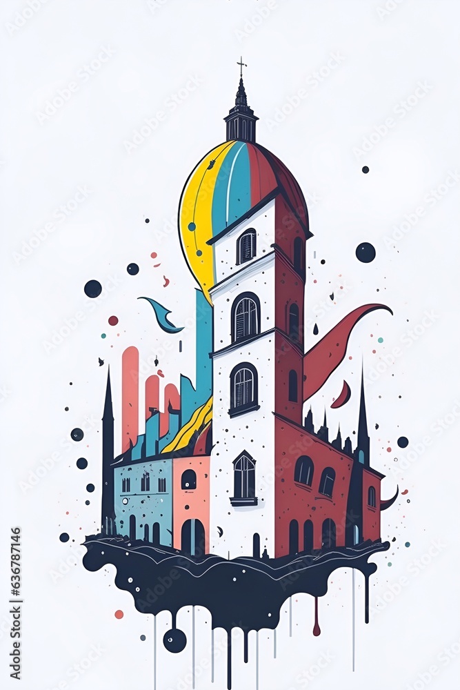 Clock tower cartoon. AI generated illustration