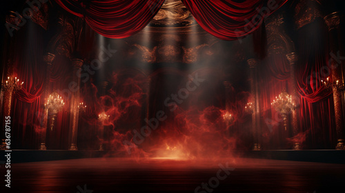 Stage with red curtains, smoke, lighting and chandeliers photo