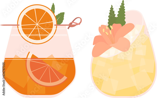 Set of cocktails. Drinks in stemless glasses. Vector illustration of summer cocktails. Orange garnish, flowers, ice