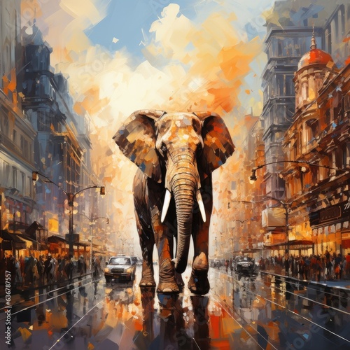 An elephant parades through a bustling city, causing astonishment and chaos. © HandmadePictures