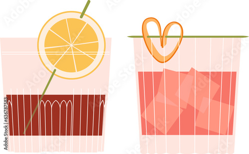 Set of cocktails. Drinks in lowball glasses. Vector illustration of summer cocktails. Orange garnish, lemon, ice. Vintage