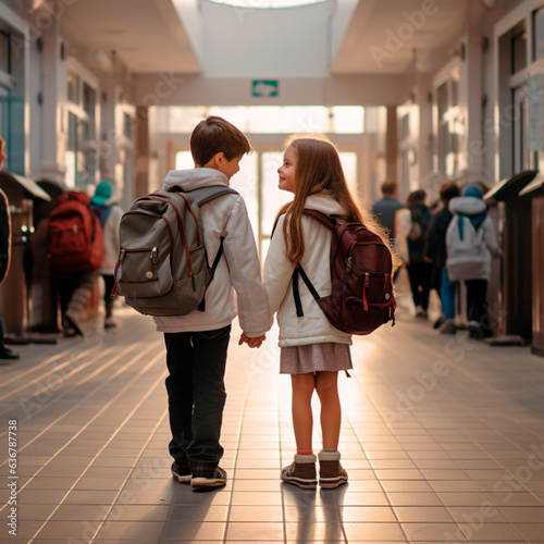 boy and girl with school bags standing hand in hand looking at each other before crossing the school corridor to go to class