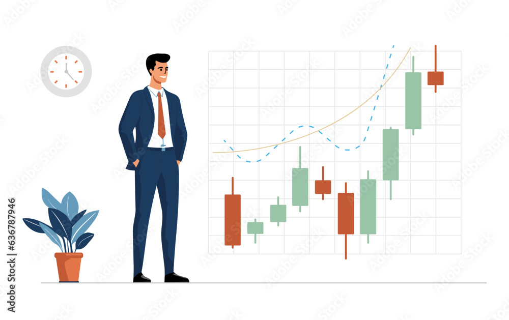 Vector illustration of a businessman analyzing a stock market chart, smart stock trading, investment income growth Vector illustration of a businessman analyzing a stock market chart, smart stock trading, investment income growth