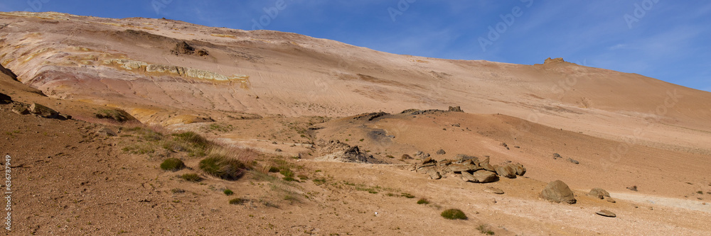 Hverir, Iceland. A surreal, bare orangy-red, geothermal area at the foot of Namafjall. Full of fumaroles, mud pools, steam vents. It's on Route 1. It is also called Namaskard Hverir. Hverir, Iceland. A surreal, bare orangy-red, geothermal area at the foot of Namafjall. Full of fumaroles, mud pools, steam vents. It's on Route 1. It is also called Namaskard Hverir.
