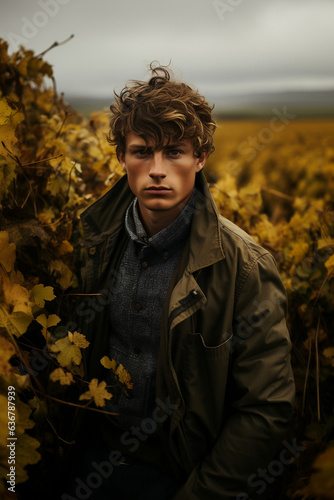 editorial portrait of a white male model standing in a field in autumn / fall