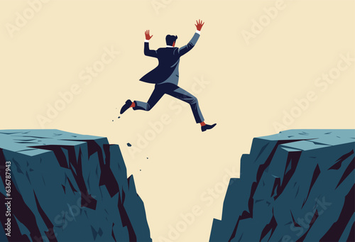 Vector illustration of businessman jumping over the abyss, financial risk, сhallenge, success and leadership concept