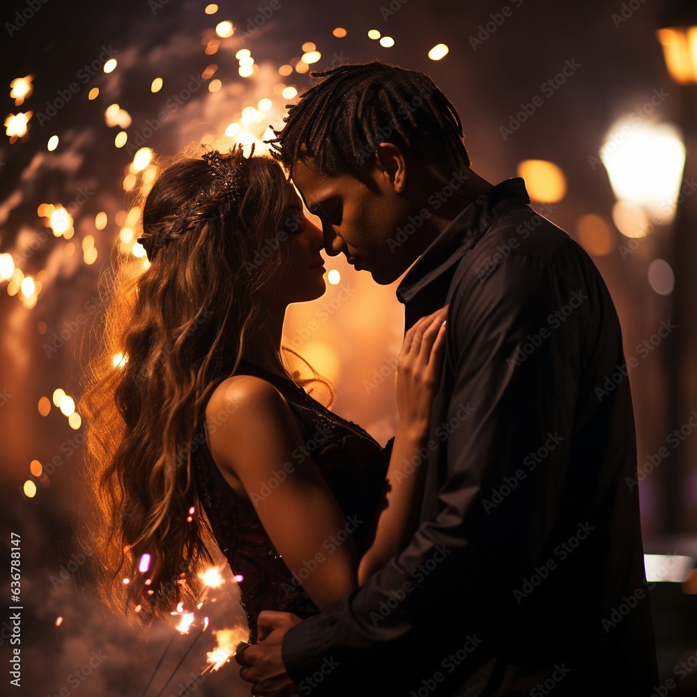 AI Couple embracing in front of a dazzling fireworks show AI Couple embracing in front of a dazzling fireworks show