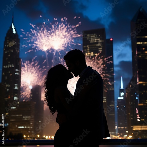 AI Couple embracing in front of a dazzling fireworks show
