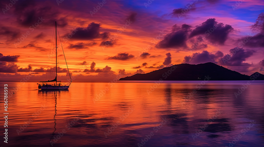 Vibrant Tropical Ocean Sunset with Yacht Silhouette