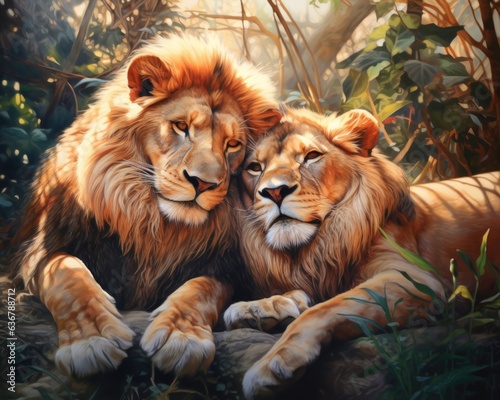 Lions bask in the sun, lazily cuddling together. © HandmadePictures
