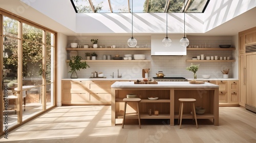 a kitchen with a skylight and wooden cabinets and counters. generative ai