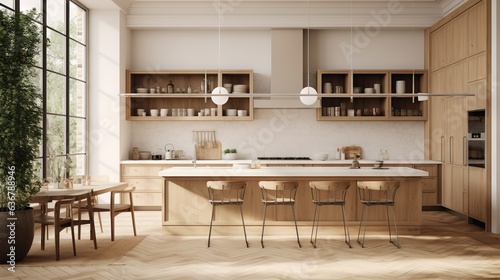  a large kitchen with a center island surrounded by wooden cabinets. generative ai