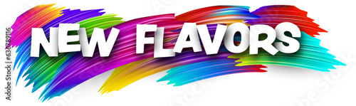 New flavors paper word sign with colorful spectrum paint brush strokes over white. Vector illustration. photo