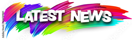 Latest news paper word sign with colorful spectrum paint brush strokes over white. Vector illustration.