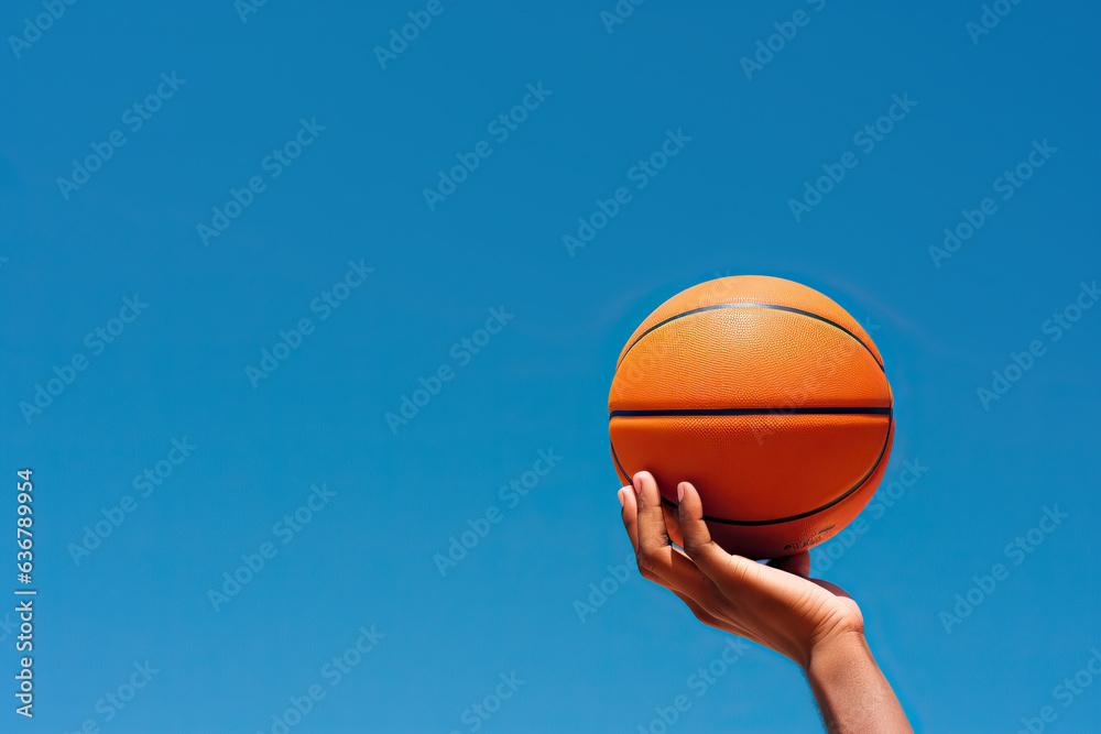 Player holding a basketball on sky background, Generative AI