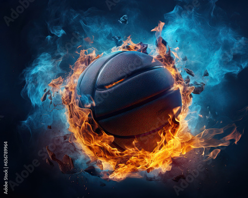 Basketball ball on fire suspended in mid-air, frozen in motion just before entering the hoop, ai © Александр Балджи