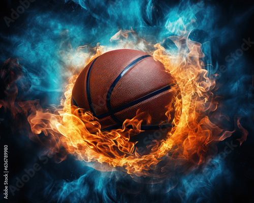 Basketball ball on fire suspended in mid-air, frozen in motion just before entering the hoop, ai © Александр Балджи