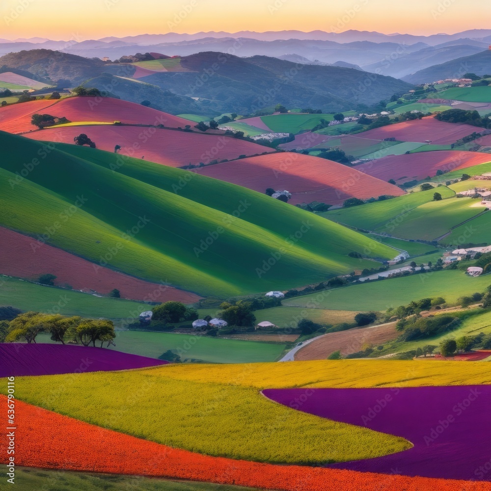 Tuscany landscape with colorful fields and hills at sunset, Italy. AI Generated. Tuscany landscape with colorful fields and hills at sunset, Italy. AI Generated.