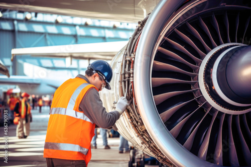 Fotografia an aircraft technician is repairing a turbine, an engineer is we