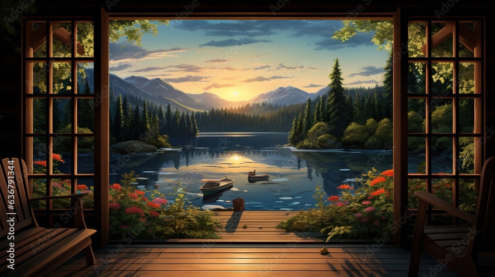  a painting of a lake with a boat in it and a bench in the foreground.  generative ai