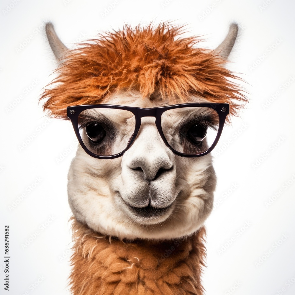 close-up of Alpaca with sunglasses on white background