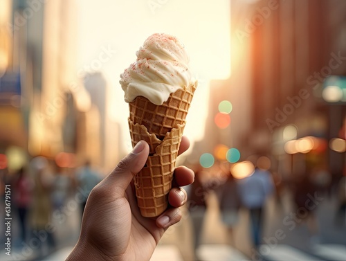hand with ice cream in a cone and blurred city street in the background