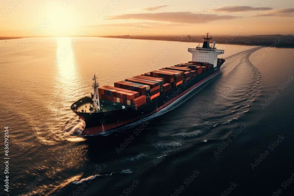 Fototapeta premium sea container ship moving on the sea,sea sunset, low sun, aerial view