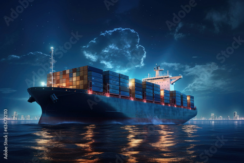sea container ship moving on the sea, night, view from the water