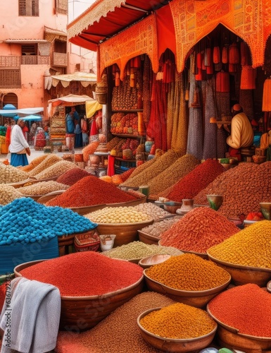 Colorful spices in the bazaar of Marrakesh, Morocco. Generative AI.