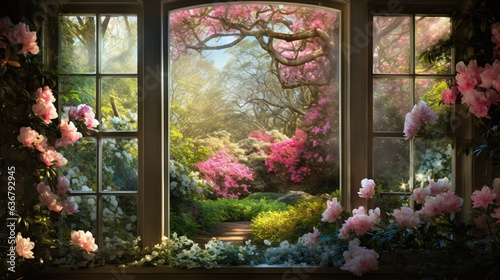  a painting of a window with a view of a garden. generative ai