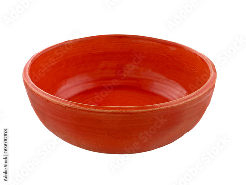 Colored ceramic dishes close-up handmade isolate. Epty Red ceramic bowl on a white background. Hobby ceramics earthenware. Bright utensils for food.