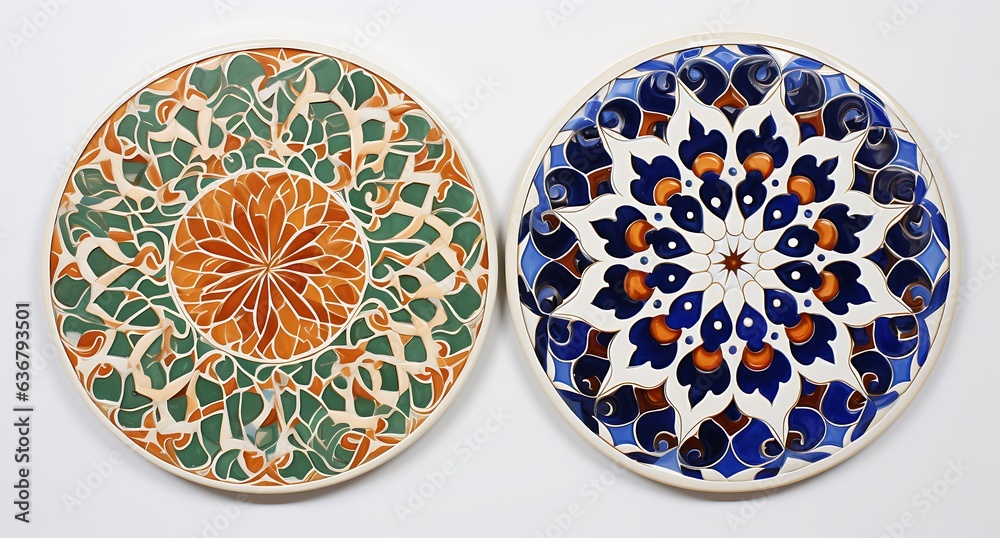 Fototapeta premium Set of two ceramic plates with blue and red patterns on white background