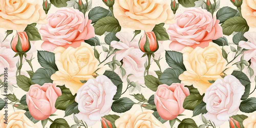 Roses, gardenias, seamless pattern of leaves on antique fabric background. Concept: Remnants of the past Roses, gardenias, seamless pattern of leaves on antique fabric background. Concept: Remnants of the past
