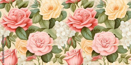 Seamless pattern, pastel roses, leaves and gardenias on antique fabric background. Concept: Flowers, greens preserved on old cloths