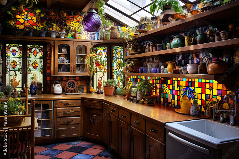 Kitchen with multicolored mosaic tiles on the walls. Open wooden shelves, vintage furniture pieces