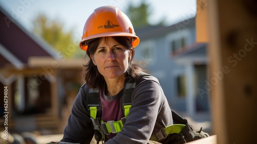 female construction worker. Caucasian middle aged construction worker.