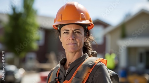 female construction worker. Caucasian middle aged construction worker.