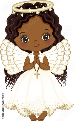 Vector Cute African American Girl Angel Holding Cross, Praying