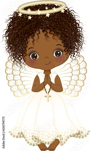 Vector Cute African American Girl Angel Holding Cross, Praying