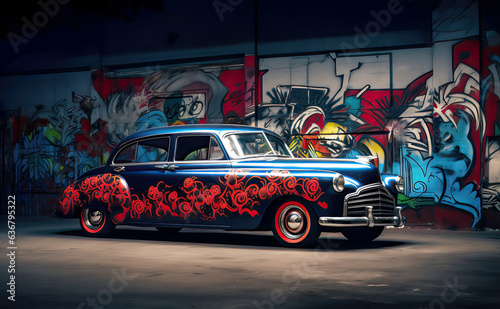 Retro old car in a grungy graffiti covered room