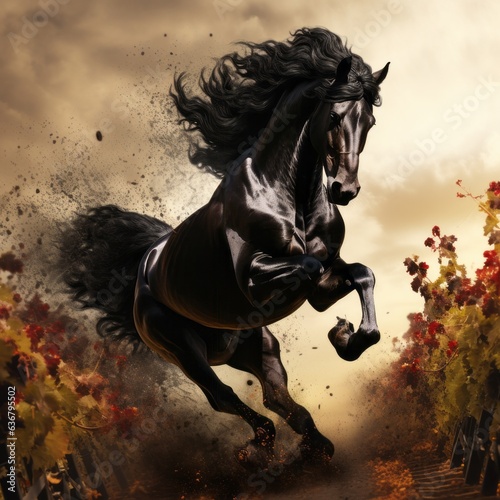 Black powerful stallion horse running through the field. Dynamic pose, a nice skyscape.