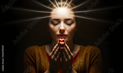 femme en train de prier avec des rayons lumineux sur sa tête