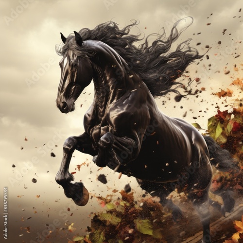 The black horse galloping through the vineyard. Animal in action. Nature background. Organic composition. The powerful image of a beautiful animal. 