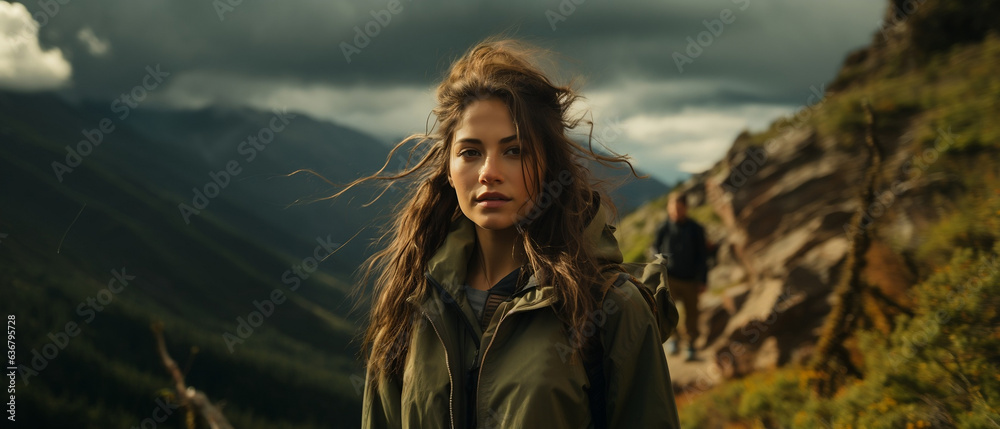 editorial heroine shot of a brunette woman hiking with their partner in alpine mountains 