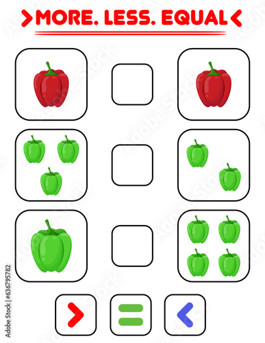 Compare the number of peppers. Write the sign more , less, equal. Teaching children. Education for kindergarten.