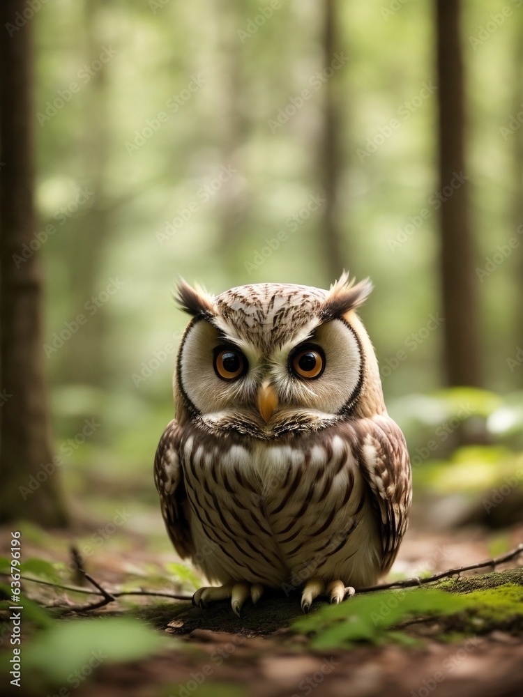 cute owl with big round eyes in a forest cute owl with big round eyes in a forest