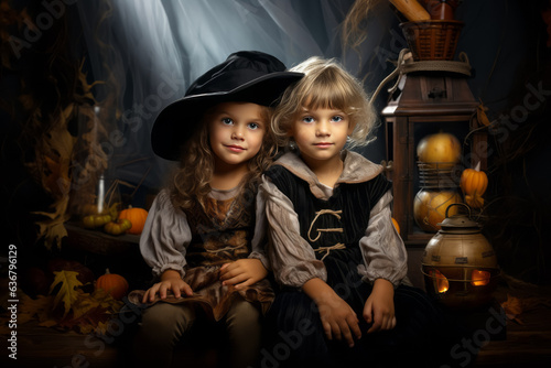 Cute little children celebrate Halloween, against decor with pumpkins, Halloween party
