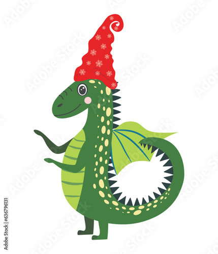 Year of the Dragon 2024  Chinese calendar. Cute green christmas dragon in santa hat