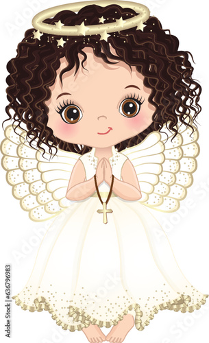 Vector Cute Girl Angel Holding Cross, Praying