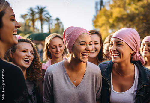 Woman with a pink cap on her head to cover her lack of hair due to cancer treatment standing in a park with a group of friends laughing and happy © Concept Island
